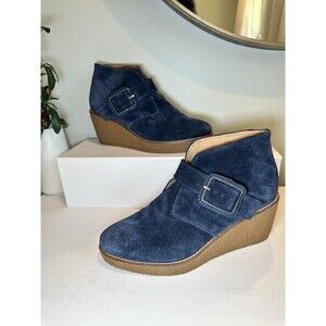 Jack Rogers Izzie Navy Blue Suede Wedge Ankle Booties Whipstitch Buckle 9M